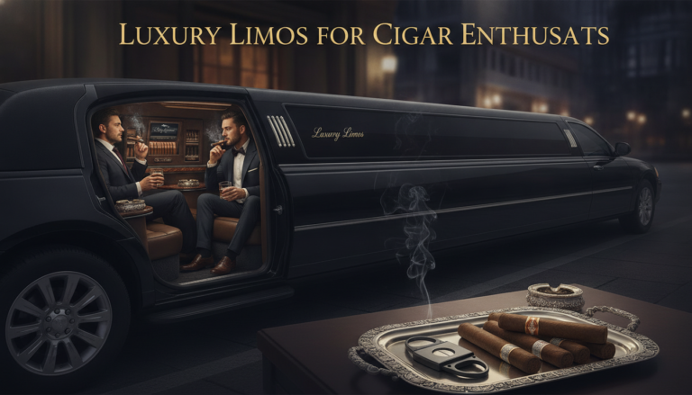 Luxury limousine with suited men smoking cigars at night