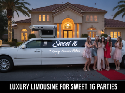 Teens pose beside Sweet 16 limousine outside mansion