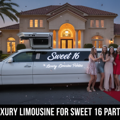 Teens pose beside Sweet 16 limousine outside mansion