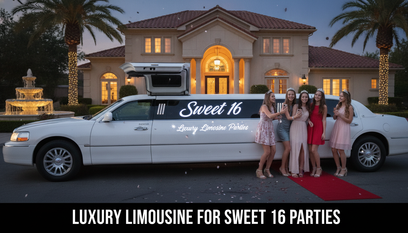 Teens pose beside Sweet 16 limousine outside mansion