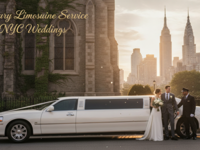 Wedding couple beside limousine with NYC skyline at sunset