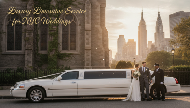 Wedding couple beside limousine with NYC skyline at sunset
