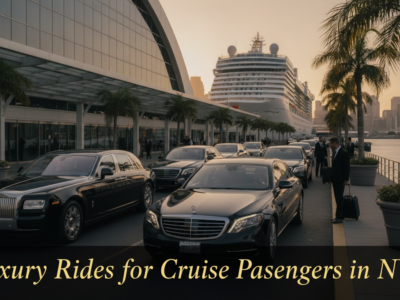 Luxury cars lined up at NYC cruise terminal port