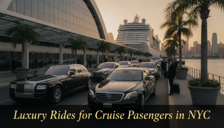 Luxury cars lined up at NYC cruise terminal port