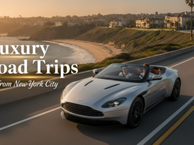 Luxury convertible driving coastal road at sunset near New York City
