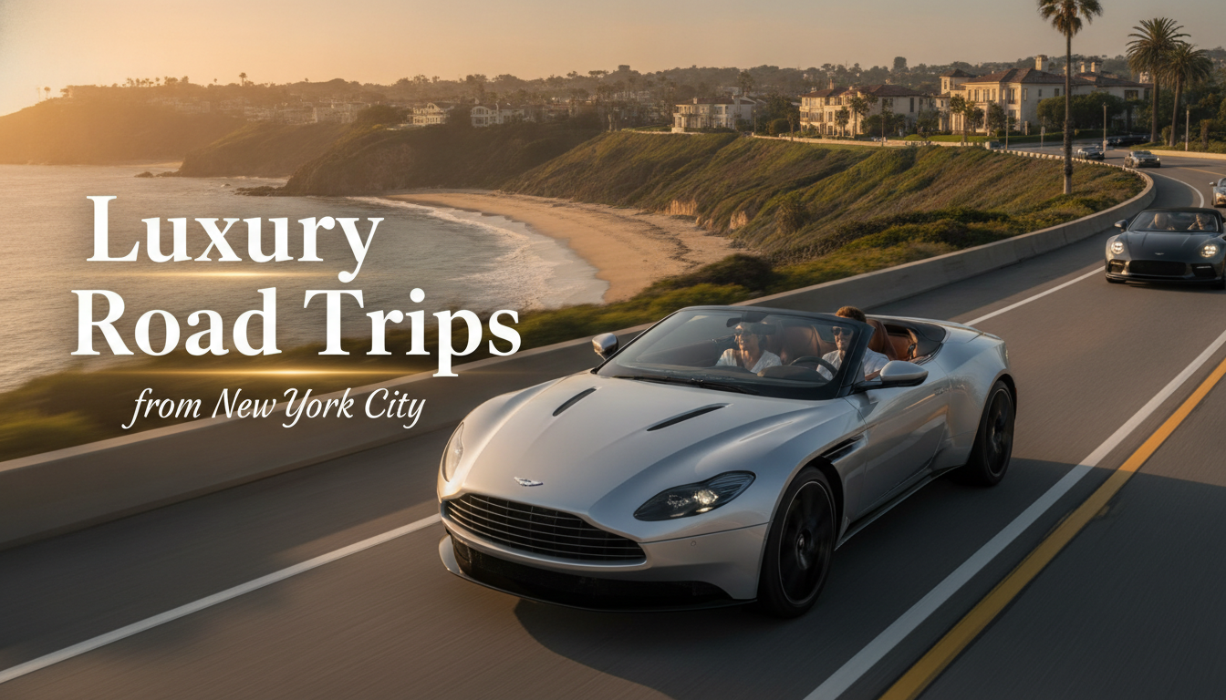 Luxury convertible driving coastal road at sunset near New York City