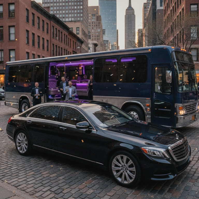 Luxury party bus and black sedan in New York City