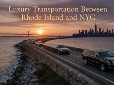 Luxury vehicles travel waterfront road toward NYC skyline at sunset.