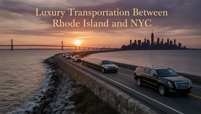 Luxury vehicles travel waterfront road toward NYC skyline at sunset.
