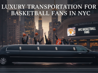 NYC basketball fans celebrating atop a luxury stretch limousine