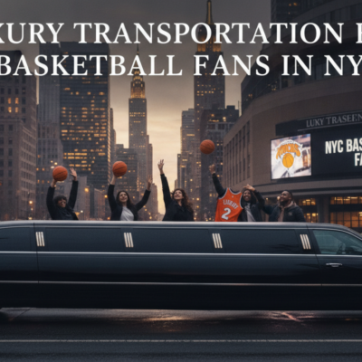 NYC basketball fans celebrating atop a luxury stretch limousine