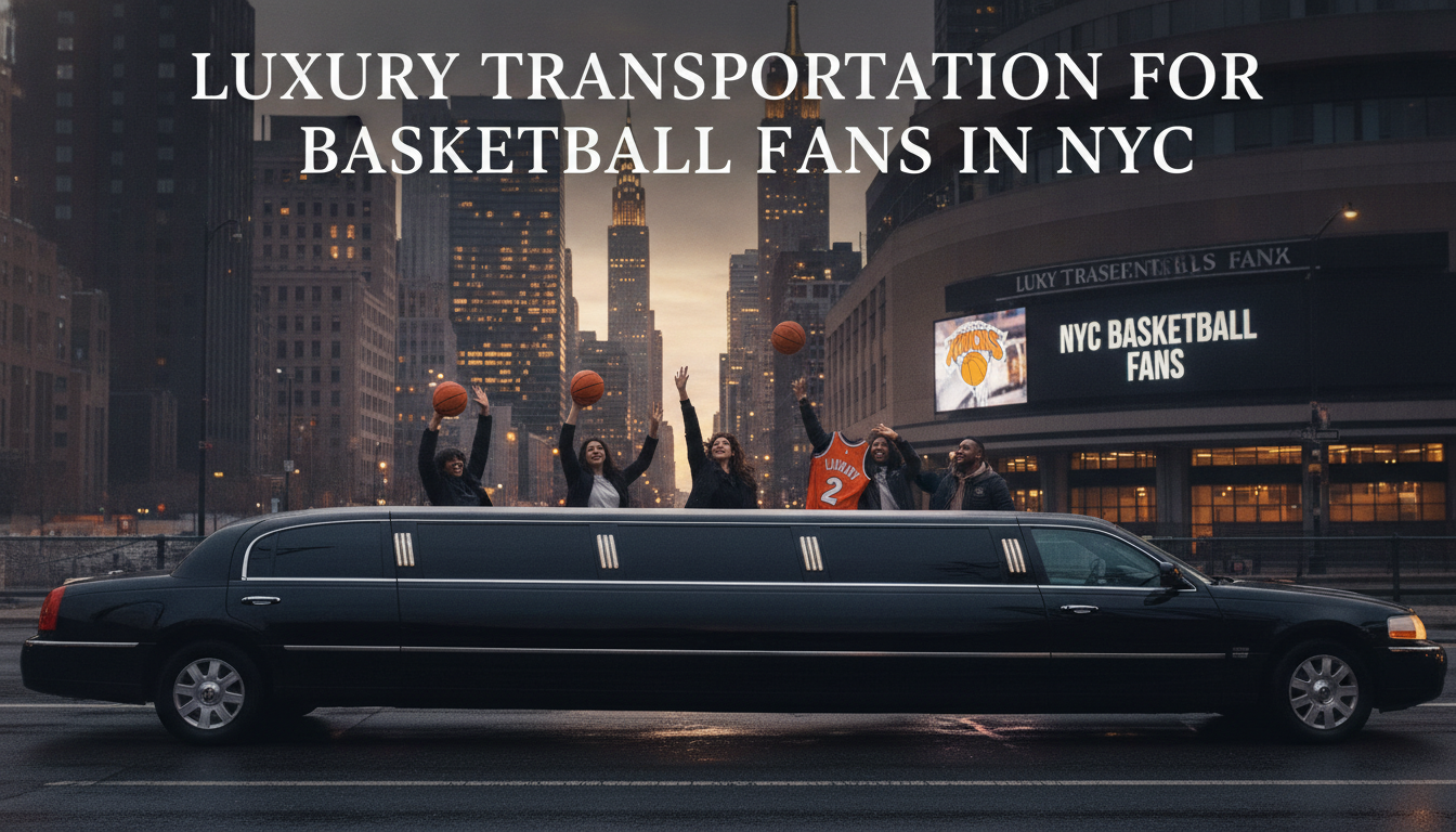 NYC basketball fans celebrating atop a luxury stretch limousine