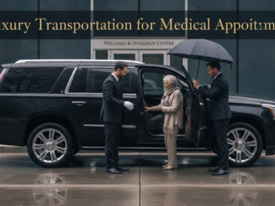 Senior woman receives luxury medical transportation in rainy weather.