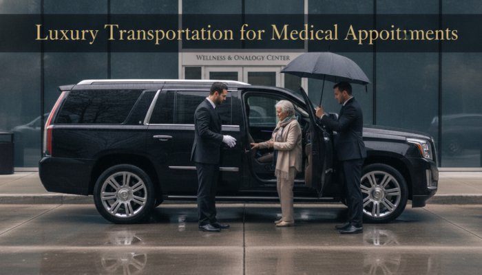 Senior woman receives luxury medical transportation in rainy weather.