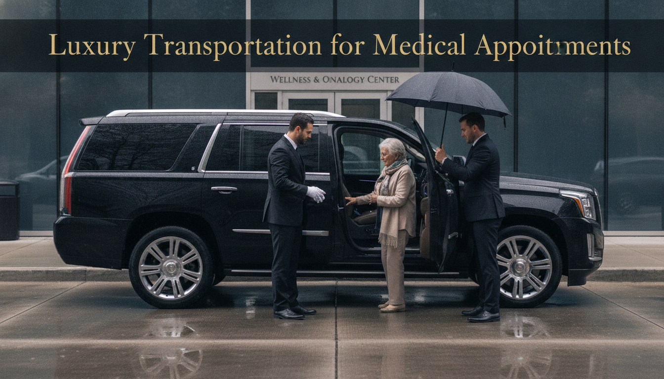 Senior woman receives luxury medical transportation in rainy weather.