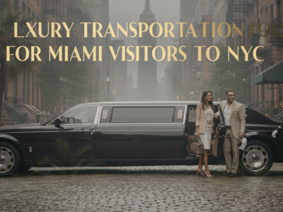 Couple exits luxury limousine on rainy New York City street
