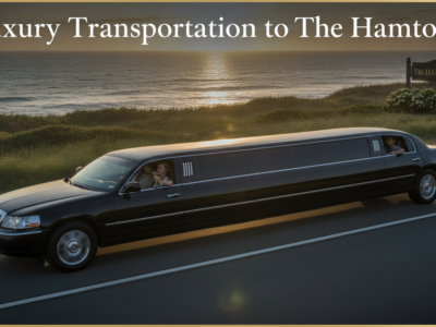 Black stretch limousine driving along Hamptons coast at sunset