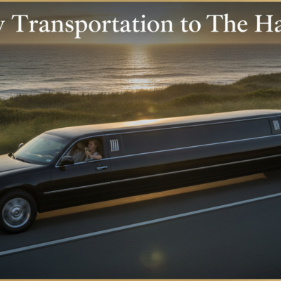 Black stretch limousine driving along Hamptons coast at sunset