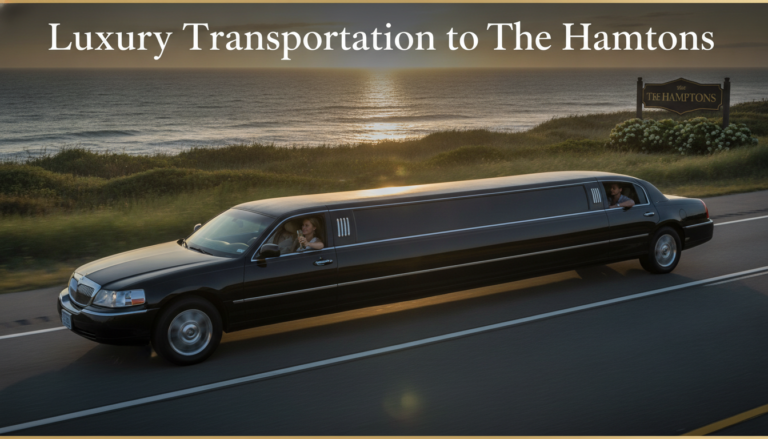 Black stretch limousine driving along Hamptons coast at sunset