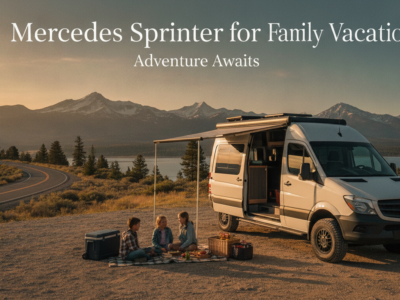 Family picnics beside Mercedes Sprinter van and mountain lake