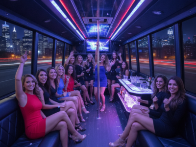 Women celebrating inside neon-lit party bus at night