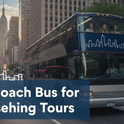 NYC sightseeing coach bus near Empire State Building