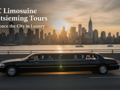 Black stretch limousine touring New York City skyline at sunset