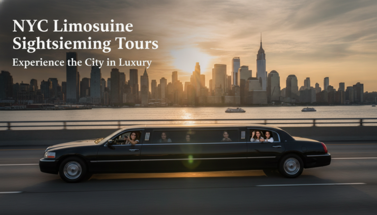 Black stretch limousine touring New York City skyline at sunset
