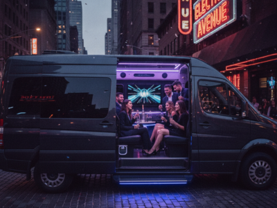 Friends partying inside luxury van beneath Electric Avenue neon