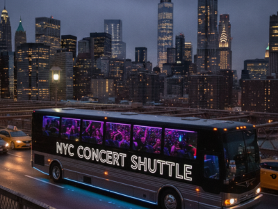 NYC concert shuttle bus crosses Brooklyn Bridge at dusk
