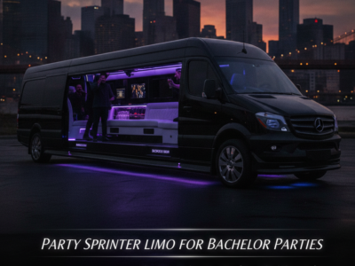Purple-lit party limo van at sunset city skyline