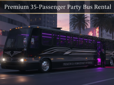 Luxury party bus with purple lights in downtown city