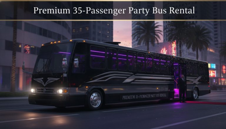 Luxury party bus with purple lights in downtown city