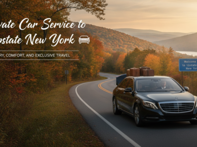 Luxury sedan driving through scenic Upstate New York autumn landscape
