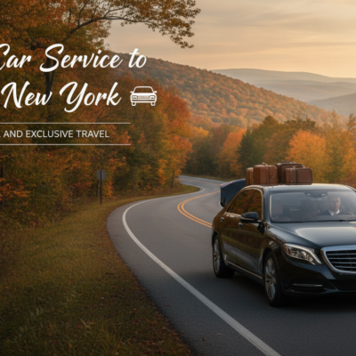 Luxury sedan driving through scenic Upstate New York autumn landscape