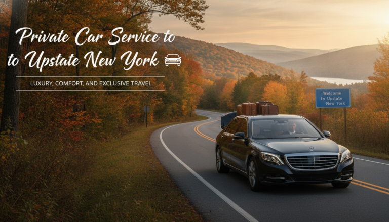 Luxury sedan driving through scenic Upstate New York autumn landscape