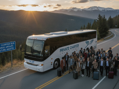 Private charter bus with group on mountain road at sunset