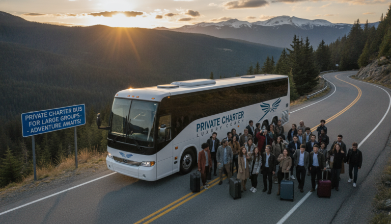 Private charter bus with group on mountain road at sunset