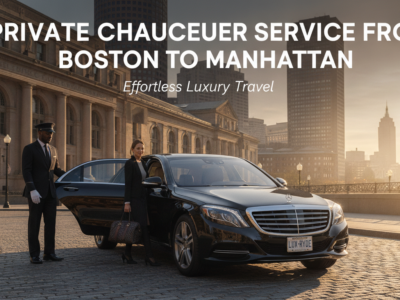 Private chauffeur opening luxury car door Boston to Manhattan