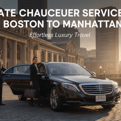 Private chauffeur opening luxury car door Boston to Manhattan