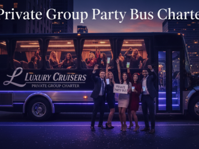 Group celebrating beside luxury party bus at night