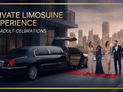 Luxury limousine and elegantly dressed adults at city celebration