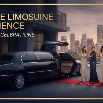 Luxury limousine and elegantly dressed adults at city celebration