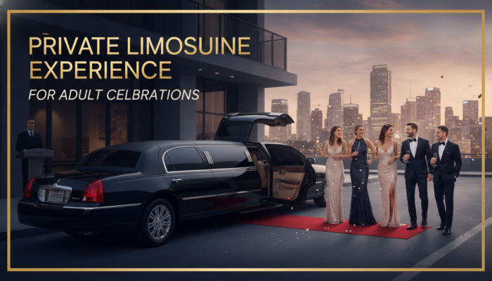 Luxury limousine and elegantly dressed adults at city celebration