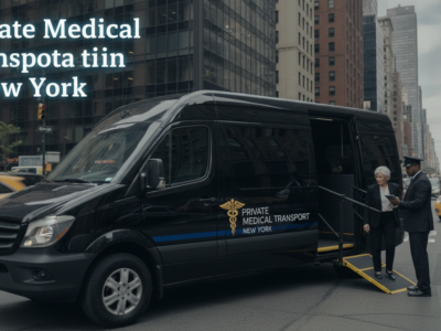 Private medical transport van assists passenger in New York City.
