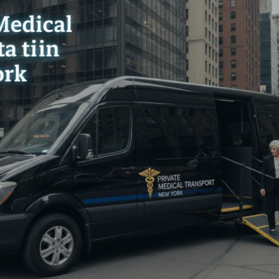 Private medical transport van assists passenger in New York City.