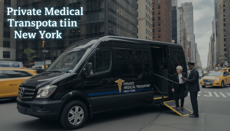 Private medical transport van assists passenger in New York City.