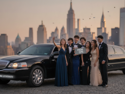 Prom students pose beside limousine with Manhattan skyline