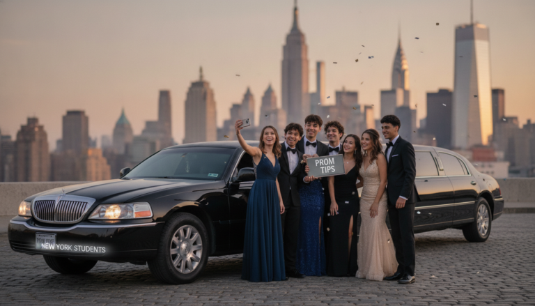 Prom students pose beside limousine with Manhattan skyline