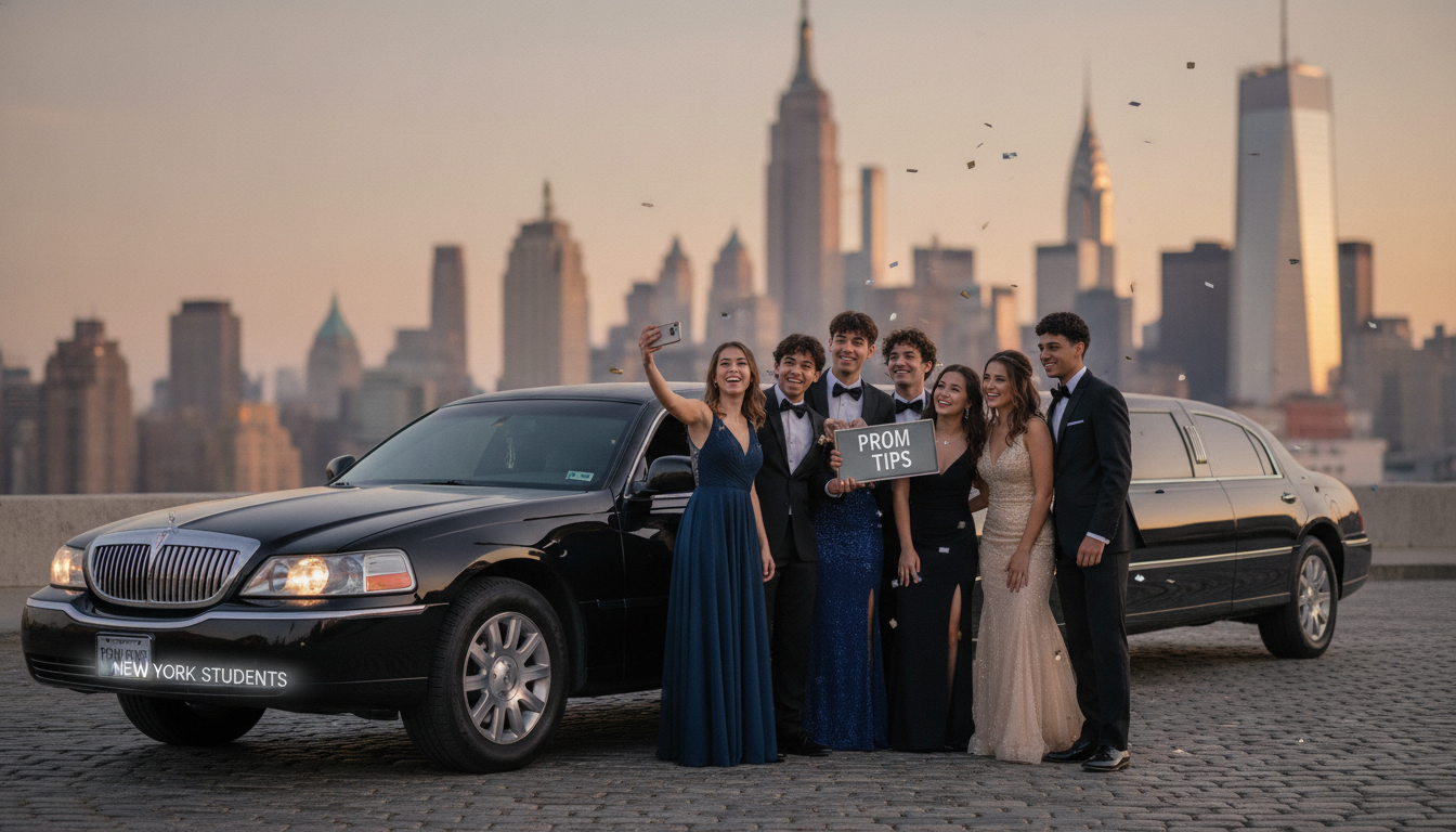 Prom students pose beside limousine with Manhattan skyline